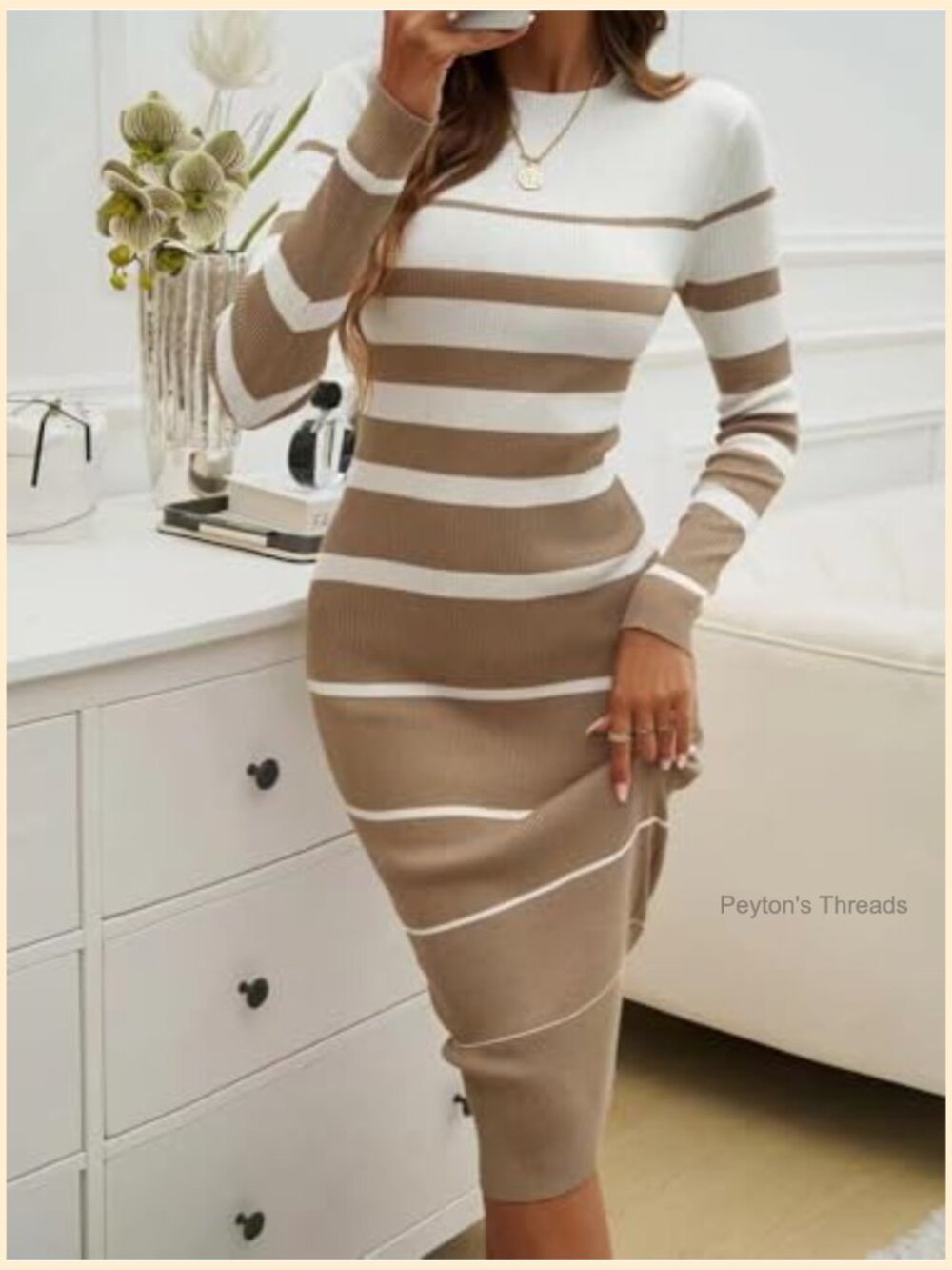 Striped Bodycon Midi Dress Long Sleeve Crew Neck Ribbed Knit Slim Fit - Picture 5 of 6